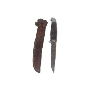 VINTAGE KINFOLKS 330-4 1/2 FIXED BLADE HUNTING KNIFE w/ TOOLED LEATHER SHEATH